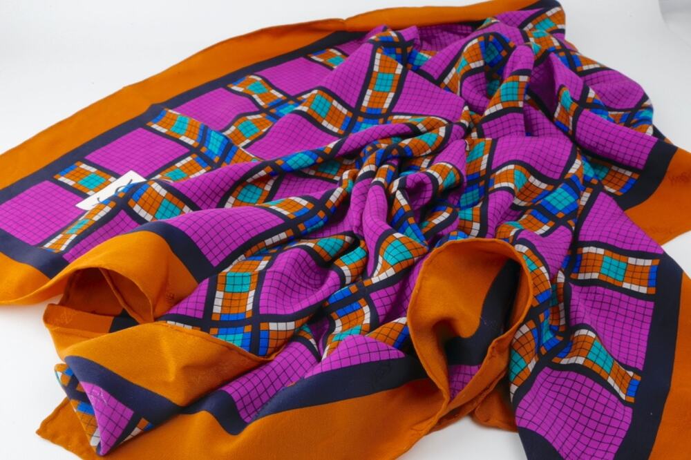 Vintage Yves Saint Laurent YSL Silk Twill Square Scarf Purple Ochre Geometric